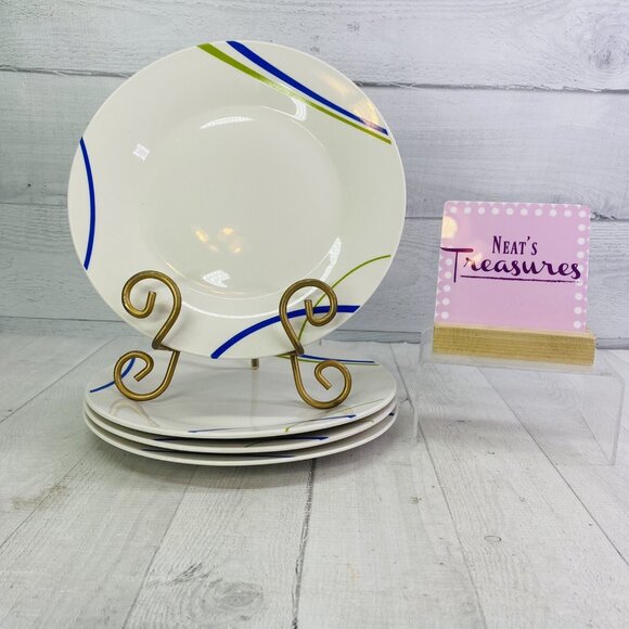 Gibson DIVINE STREAMS  Blue Green Lines White Porcelain 9" Dinner Plate Set of 4 - Picture 1 of 11